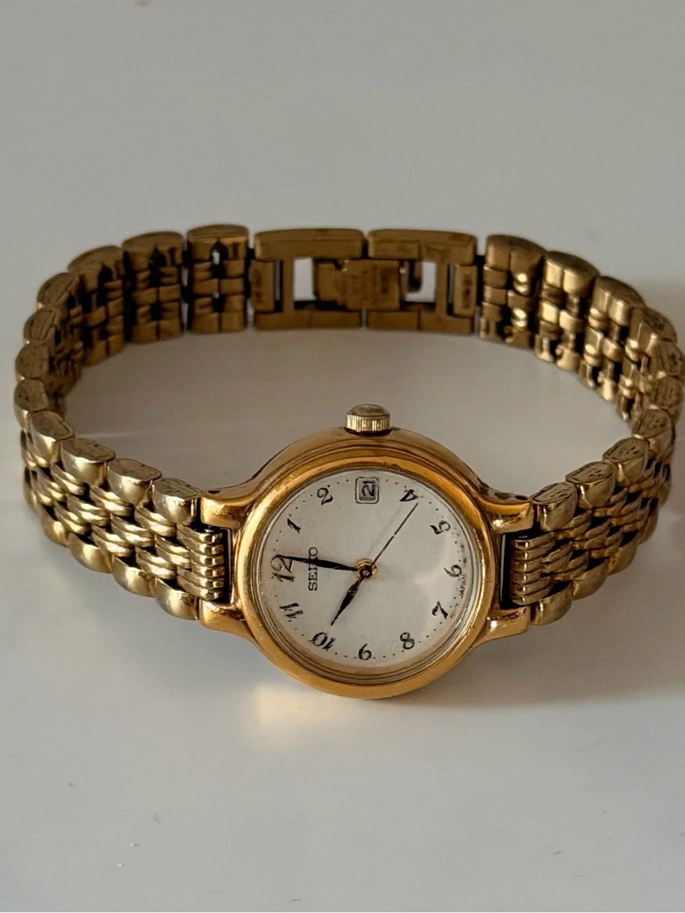 Seiko Gold Tone Watch with Day Date Calendar White Dial